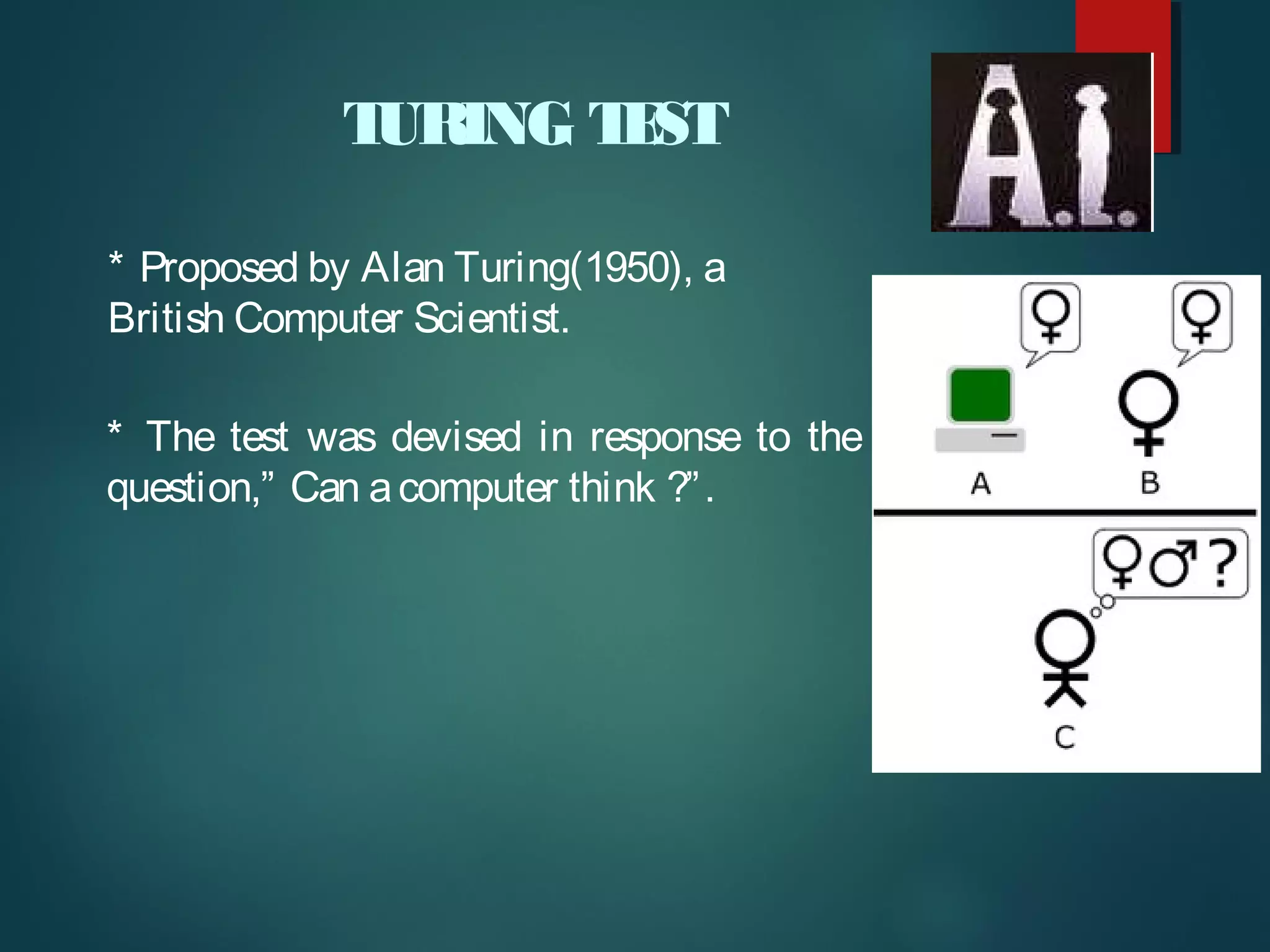TURING TEST
* The test was devised in response to the
question,” Can acomputer think ?”.
* Proposed by Alan Turing(1950), a
British Computer Scientist.
 