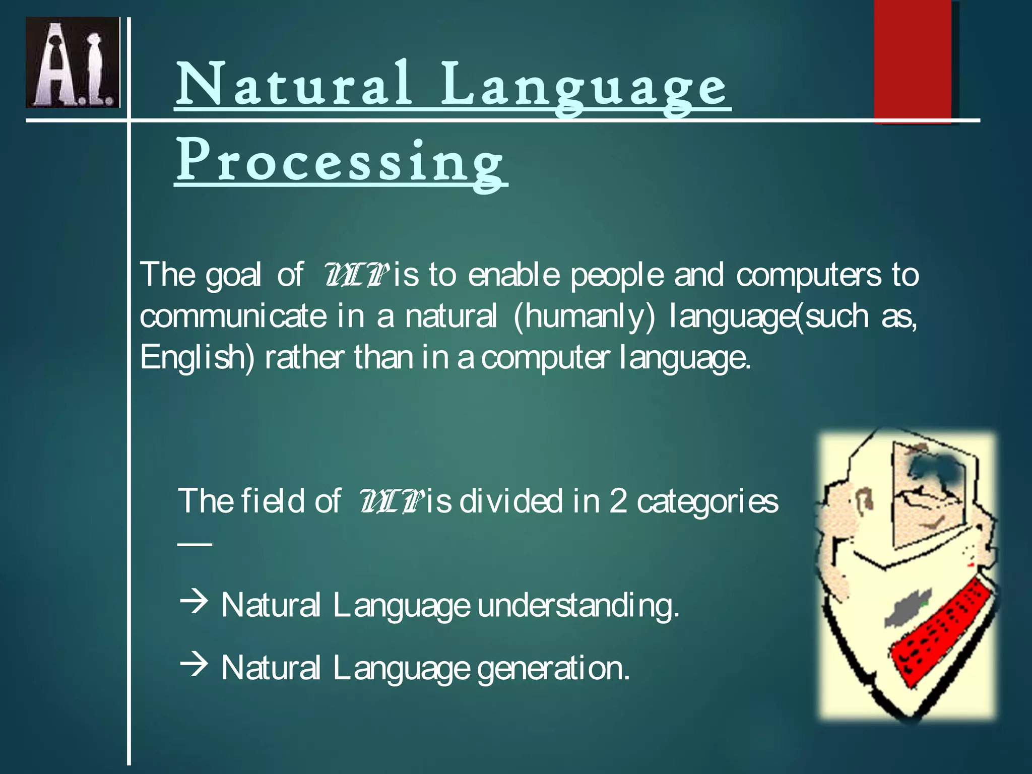 Natural Language
Processing
The goal of NLP is to enable people and computers to
communicate in a natural (humanly) language(such as,
English) rather than in acomputer language.
The field of NLP is divided in 2 categories
—
 Natural Languageunderstanding.
 Natural Languagegeneration.
 