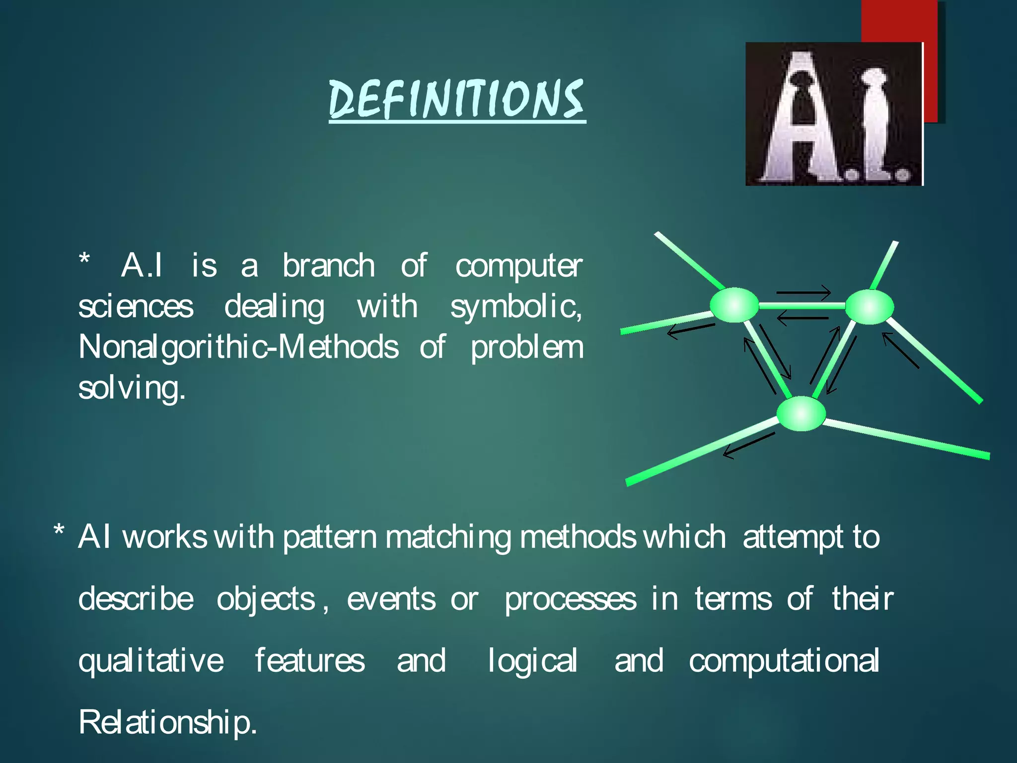 DEFINITIONS
* A.I is a branch of computer
sciences dealing with symbolic,
Nonalgorithic-Methods of problem
solving.
* AI workswith pattern matching methodswhich attempt to
describe objects, events or processes in terms of their
qualitative features and logical and computational
Relationship.
 