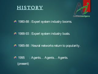 1980-88 : Expert system industry booms.
1988-93 : Expert system industry busts.
1985-88 : Neural networksreturn to popularity.
1995 : Agents… Agents… Agents.
(present)
HISTORY
 