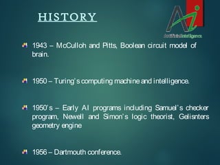 1943 – McCulloh and Pitts, Boolean circuit model of
brain.
1950 – Turing’scomputing machineand intelligence.
1950’s – Early AI programs including Samuel’s checker
program, Newell and Simon’s logic theorist, Gelisnters
geometry engine
1956 – Dartmouth conference.
HISTORY
 