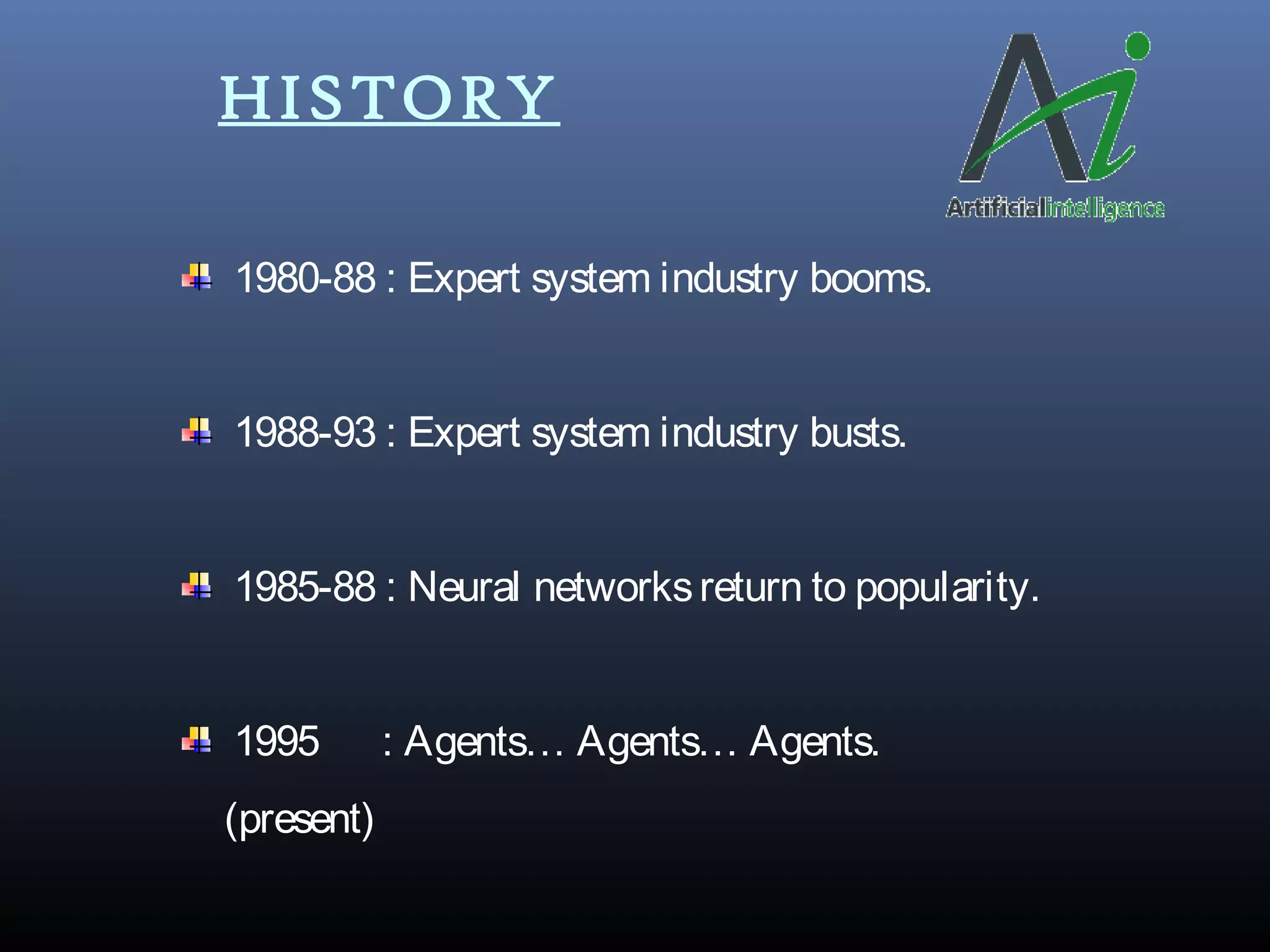 1980-88 : Expert system industry booms.
1988-93 : Expert system industry busts.
1985-88 : Neural networksreturn to popularity.
1995 : Agents… Agents… Agents.
(present)
HISTORY
 