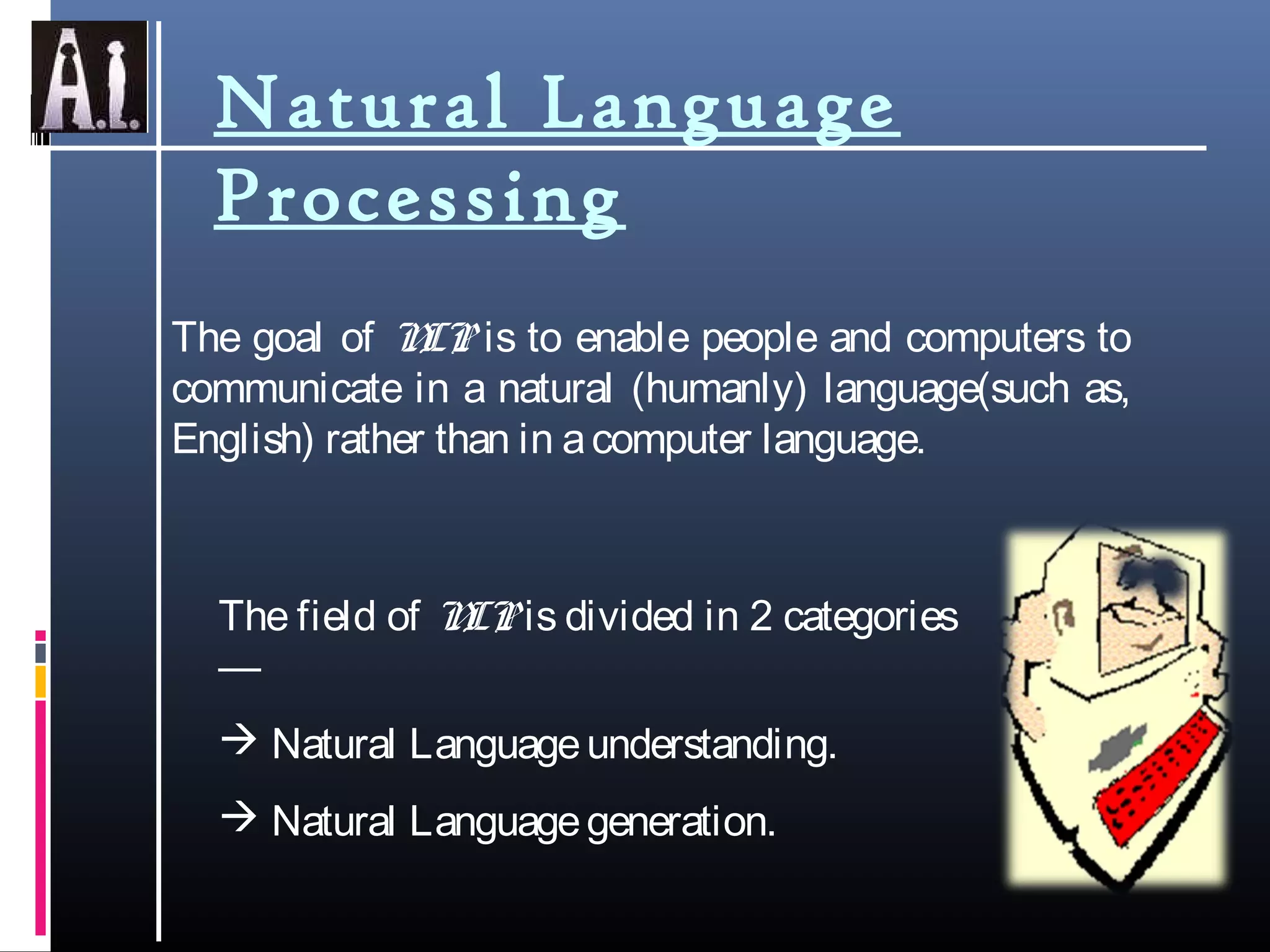 Natural Language
Processing
The goal of NLP is to enable people and computers to
communicate in a natural (humanly) language(such as,
English) rather than in acomputer language.
The field of NLP is divided in 2 categories
—
 Natural Languageunderstanding.
 Natural Languagegeneration.
 