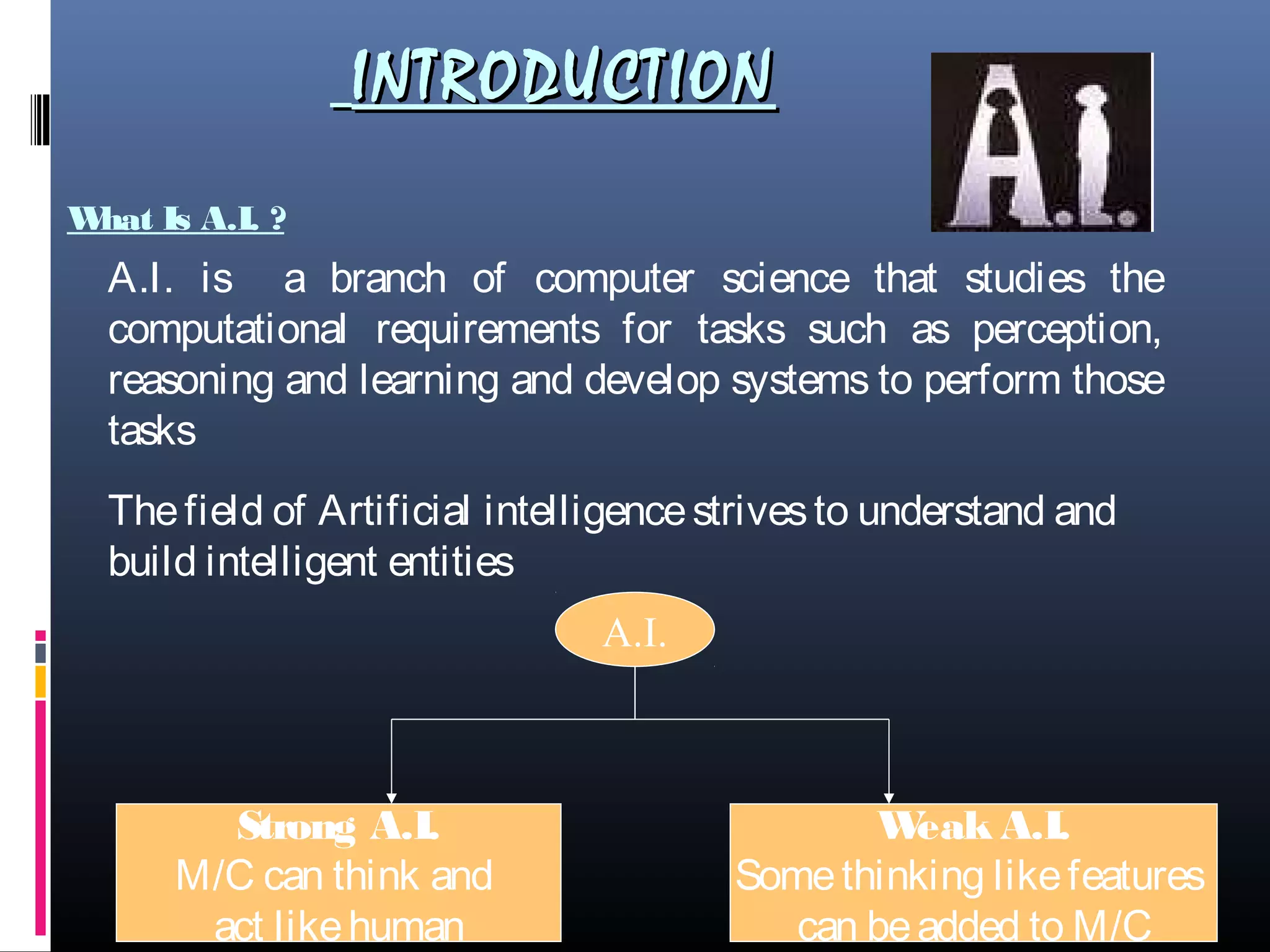 INTRODUCTIONINTRODUCTION
What Is A.I. ?
A.I. is a branch of computer science that studies the
computational requirements for tasks such as perception,
reasoning and learning and develop systems to perform those
tasks
Thefield of Artificial intelligencestrivesto understand and
build intelligent entities
A.I.
Strong A.I.
M/C can think and
act likehuman
Weak A.I.
Somethinking likefeatures
can beadded to M/C
 