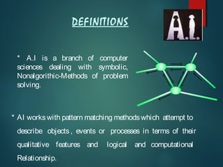 DEFINITIONS
* A.I is a branch of computer
sciences dealing with symbolic,
Nonalgorithic-Methods of problem
solving.

* AI works with pattern matching methods which attempt to
describe objects , events or processes in terms of their
qualitative features and
Relationship.

logical

and computational

 