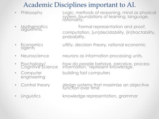 Academic Disciplines important to AI.
• Philosophy Logic, methods of reasoning, mind as physical
system, foundations of learning, language,
rationality.
• Mathematics Formal representation and proof,
algorithms,
computation, (un)decidability, (in)tractability,
probability.
• Economics utility, decision theory, rational economic
agents
• Neuroscience neurons as information processing units.
• Psychology/ how do people behave, perceive, process
Cognitive Science information, represent knowledge.
• Computer building fast computers
engineering
• Control theory design systems that maximize an objective
function over time
• Linguistics knowledge representation, grammar
 