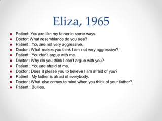 Eliza, 1965
 Patient: You are like my father in some ways.
 Doctor: What resemblance do you see?
 Patient : You are not very aggressive.
 Doctor : What makes you think I am not very aggressive?
 Patient : You don’t argue with me.
 Doctor : Why do you think I don’t argue with you?
 Patient : You are afraid of me.
 Doctor : Does it please you to believe I am afraid of you?
 Patient : My father is afraid of everybody.
 Doctor : What else comes to mind when you think of your father?
 Patient : Bullies.
 