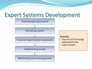 Determining requirements
Identifying experts
Construct expert system components
Implementing results
Maintaining and reviewing system
Expert Systems Development
Domain
• The area of knowledge
addressed by the
expert system.
 