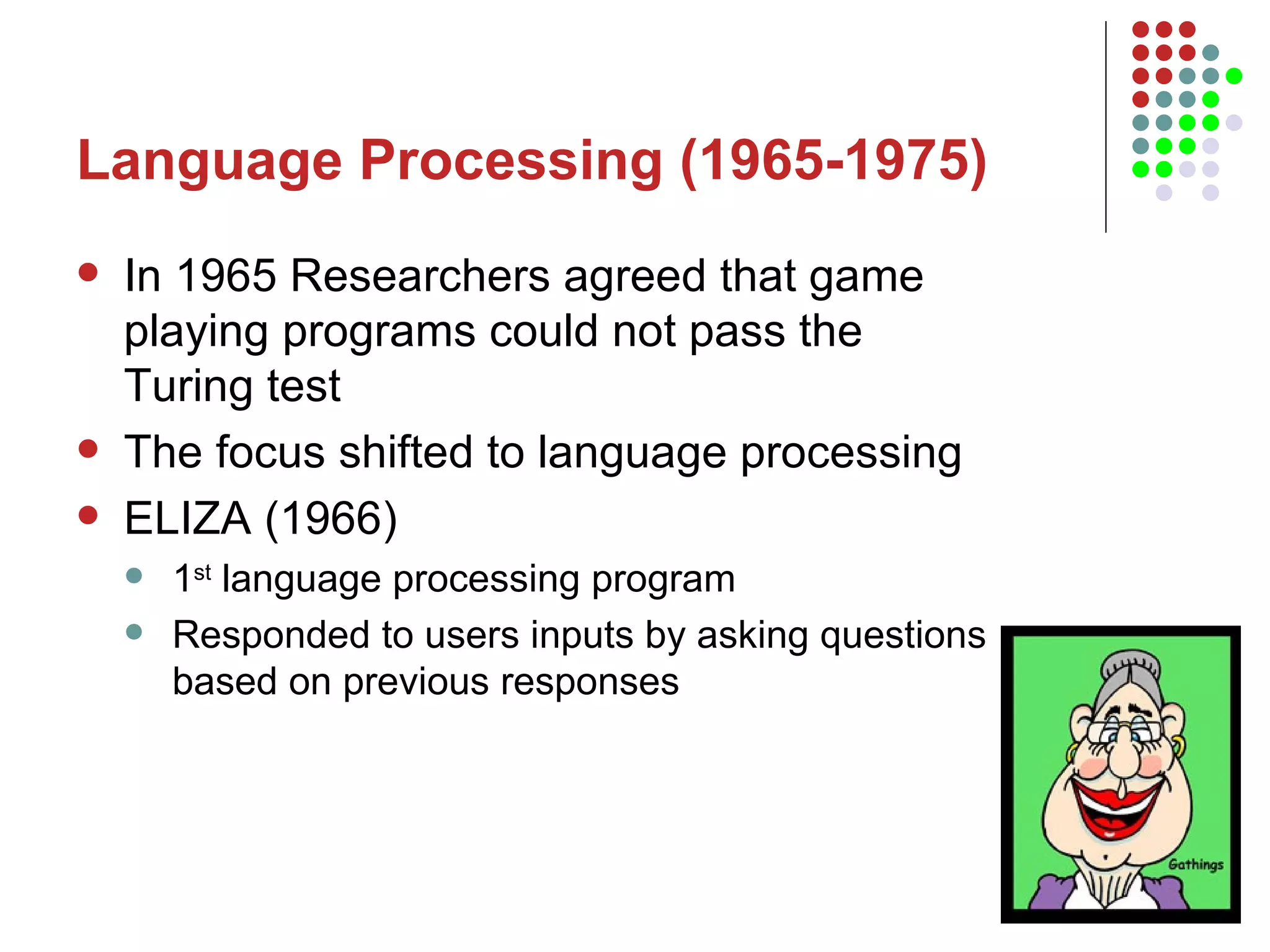 Language Processing (1965-1975) In 1965 Researchers agreed that game playing programs could not pass the Turing test The focus shifted to language processing ELIZA (1966) 1 st  language processing program Responded to users inputs by asking questions based on previous responses  