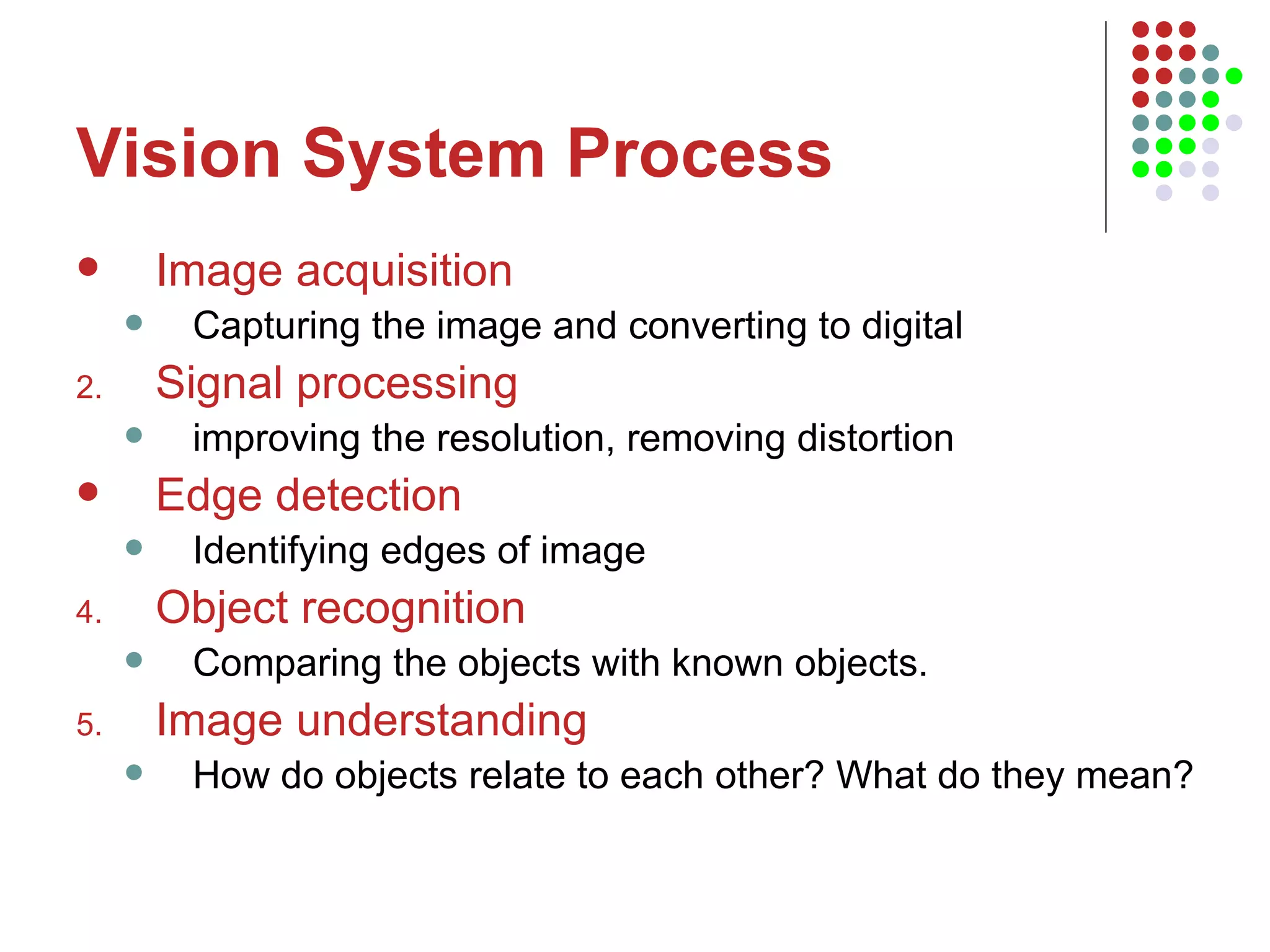 Vision System Process Image acquisition   Capturing the image and converting to digital Signal processing improving the resolution, removing distortion Edge detection   Identifying edges of image Object recognition Comparing the objects with known objects.   Image understanding How do objects relate to each other? What do they mean?  
