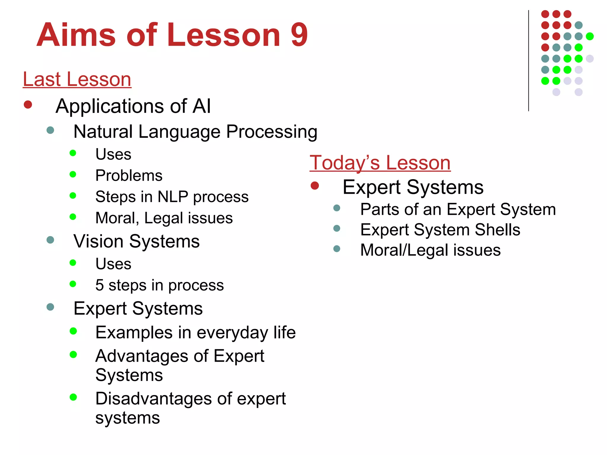 Aims of Lesson 9 Last Lesson Applications of AI Natural Language Processing Uses Problems Steps in NLP process Moral, Legal issues Vision Systems Uses 5 steps in process Expert Systems Examples in everyday life Advantages of Expert Systems Disadvantages of expert systems Today’s Lesson Expert Systems Parts of an Expert System Expert System Shells Moral/Legal issues 