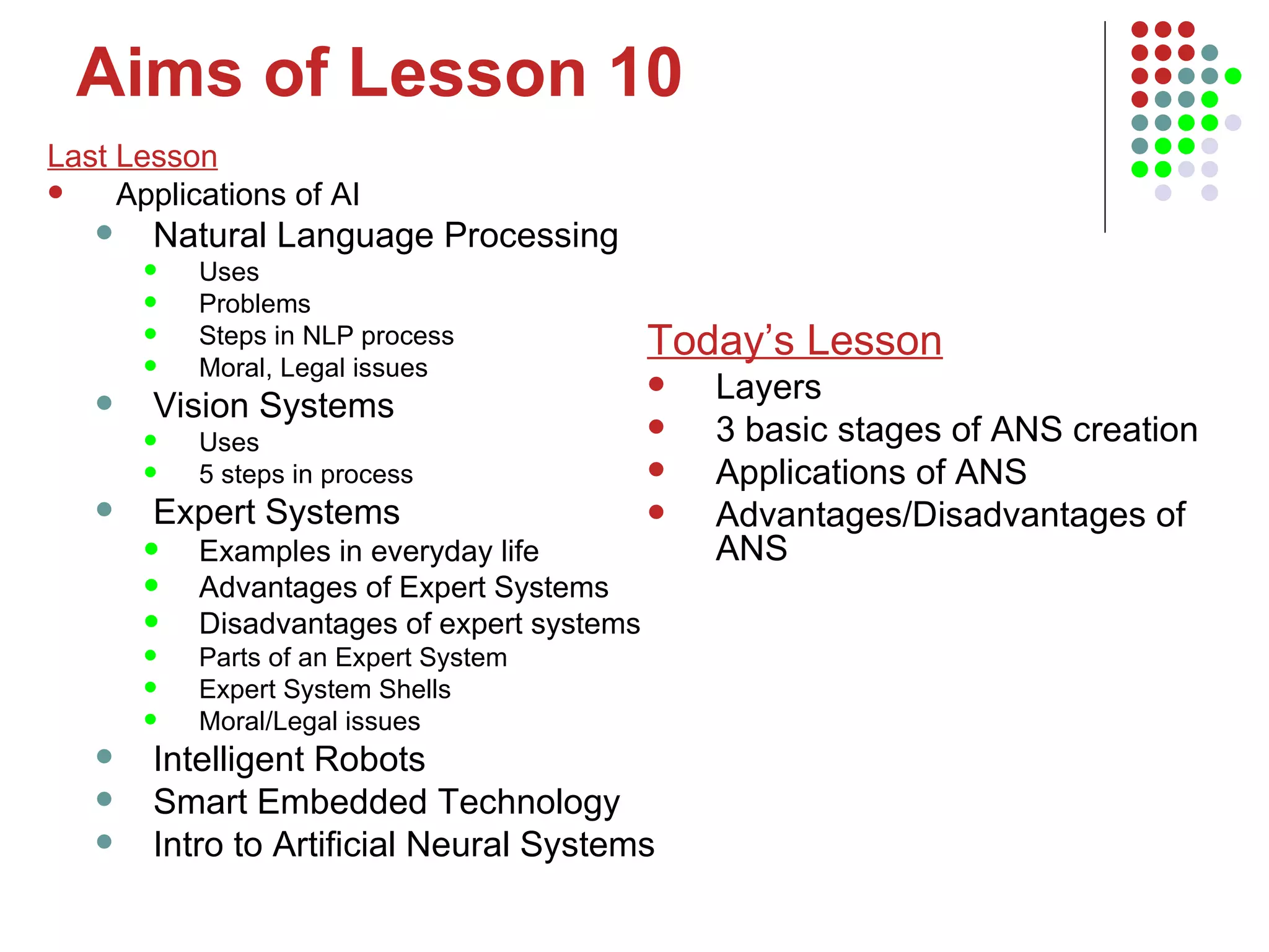 Aims of Lesson 10 Last Lesson Applications of AI Natural Language Processing Uses Problems Steps in NLP process Moral, Legal issues Vision Systems Uses 5 steps in process Expert Systems Examples in everyday life Advantages of Expert Systems Disadvantages of expert systems Parts of an Expert System Expert System Shells Moral/Legal issues Intelligent Robots Smart Embedded Technology Intro to Artificial Neural Systems Today’s Lesson Layers 3 basic stages of ANS creation Applications of ANS Advantages/Disadvantages of ANS 