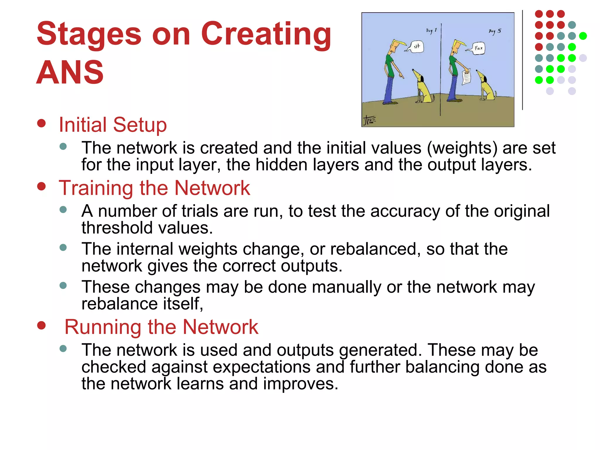 Stages on Creating ANS Initial Setup   The network is created and the initial values (weights) are set for the input layer, the hidden layers and the output layers.  Training the Network A number of trials are run, to test the accuracy of the original threshold values.  The internal weights change, or rebalanced, so that the network gives the correct outputs.  These changes may be done manually or the network may rebalance itself, Running the Network The network is used and outputs generated. These may be checked against expectations and further balancing done as the network learns and improves.  