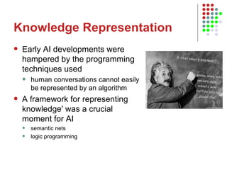 Knowledge Representation Early AI developments were hampered by the programming techniques used human conversations cannot easily be represented by an algorithm  A framework for representing knowledge' was a crucial moment for AI  semantic nets logic programming 