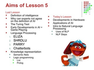 Aims of Lesson 5 Last Lesson Definition of intelligence Why can experts not agree on the definition of AI The Turing Test Early Developments in AI = Game Playing Language Processing ELIZA SHRDLU PARRY Chatterbots Knowledge representation Semantic Nets  Logic programming List Prolog Today’s Lesson Developments in Hardware Applications of AI Intro to Natural Language Processing Uses of NLP NLP Steps 