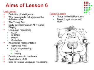 Aims of Lesson 6 Last Lesson Definition of intelligence Why can experts not agree on the definition of AI The Turing Test Early Developments in AI = Game Playing Language Processing ELIZA SHRDLU PARRY Chatterbots Knowledge representation Semantic Nets  Logic programming List Prolog Developments in Hardware Applications of AI Intro to Natural Language Processing Today’s Lesson Steps in the NLP process Moral, Legal issues with NLP 