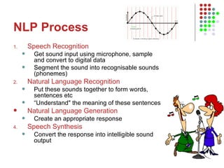 NLP Process Speech Recognition Get sound input using microphone, sample and convert to digital data Segment the sound into recognisable sounds (phonemes)  Natural Language Recognition Put these sounds together to form words, sentences etc “ Understand" the meaning of these sentences  Natural Language Generation   Create an appropriate response  Speech Synthesis Convert the response into intelligible sound output 