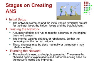 Stages on Creating ANS Initial Setup   The network is created and the initial values (weights) are set for the input layer, the hidden layers and the output layers.  Training the Network A number of trials are run, to test the accuracy of the original threshold values.  The internal weights change, or rebalanced, so that the network gives the correct outputs.  These changes may be done manually or the network may rebalance itself, Running the Network The network is used and outputs generated. These may be checked against expectations and further balancing done as the network learns and improves.  