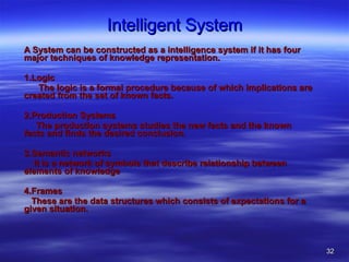 Intelligent System A System can be constructed as a intelligence system if it has four major techniques of knowledge representation. 1.Logic The logic is a formal procedure because of which implications are created from the set of known facts. 2.Production Systems The production systems studies the new facts and the known facts and finds the desired conclusion. 3.Semantic networks It is a network of symbols that describe relationship between elements of knowledge 4.Frames These are the data structures which consists of expectations for a given situation. 