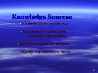Knowledge Sources Documented (books, manuals, etc.) Undocumented (in people's minds) From people, from machines Knowledge Acquisition from Databases Knowledge Acquisition Via the Internet 