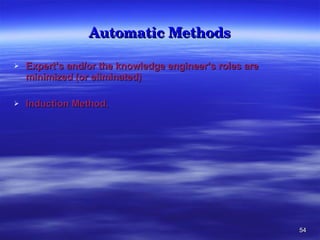 Automatic Methods Expert’s and/or the knowledge engineer’s roles are minimized (or eliminated)  Induction Method. 