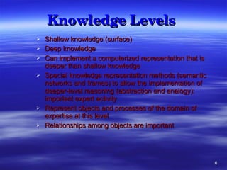 Knowledge Levels   Shallow knowledge (surface)  Deep knowledge Can implement a computerized representation that is deeper than shallow knowledge Special knowledge representation methods (semantic networks and frames) to allow the implementation of deeper-level reasoning (abstraction and analogy): important expert activity Represent objects and processes of the domain of expertise at this level Relationships among objects are important 