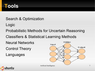 Artificial Intelligence 7
Tools
Search & Optimization
Logic
Probabilistic Methods for Uncertain Reasoning
Classifiers & Statistical Learning Methods
Neural Networks
Control Theory
Languages
 