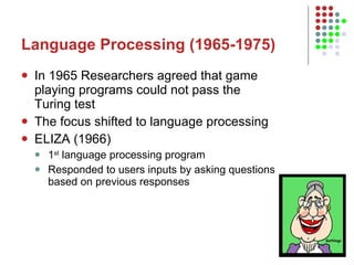 Language Processing (1965-1975) In 1965 Researchers agreed that game playing programs could not pass the Turing test The focus shifted to language processing ELIZA (1966) 1 st  language processing program Responded to users inputs by asking questions based on previous responses  