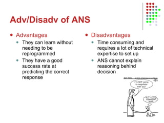 Adv/Disadv of ANS Advantages They can learn without needing to be reprogrammed They have a good success rate at predicting the correct response Disadvantages Time consuming and requires a lot of technical expertise to set up ANS cannot explain reasoning behind decision 