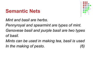 Semantic Nets Mint and basil are herbs. Pennyroyal and spearmint are types of mint. Genovese basil and purple basil are two types of basil. Mints can be used in making tea, basil is used In the making of pesto. (6) 