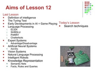 Aims of Lesson 12 Last Lesson Definition of intelligence The Turing Test Early Developments in AI = Game Playing Language Processing ELIZA SHRDLU PARRY Chatterbots Expert Systems Advantage/Disadvantage Artificial Neural Systems Adv/Dis Vision Systems Natural Language Processing Intelligent Robots Knowledge Representation Semantic Nets Facts, Rules and Queries Today’s Lesson Search techniques 