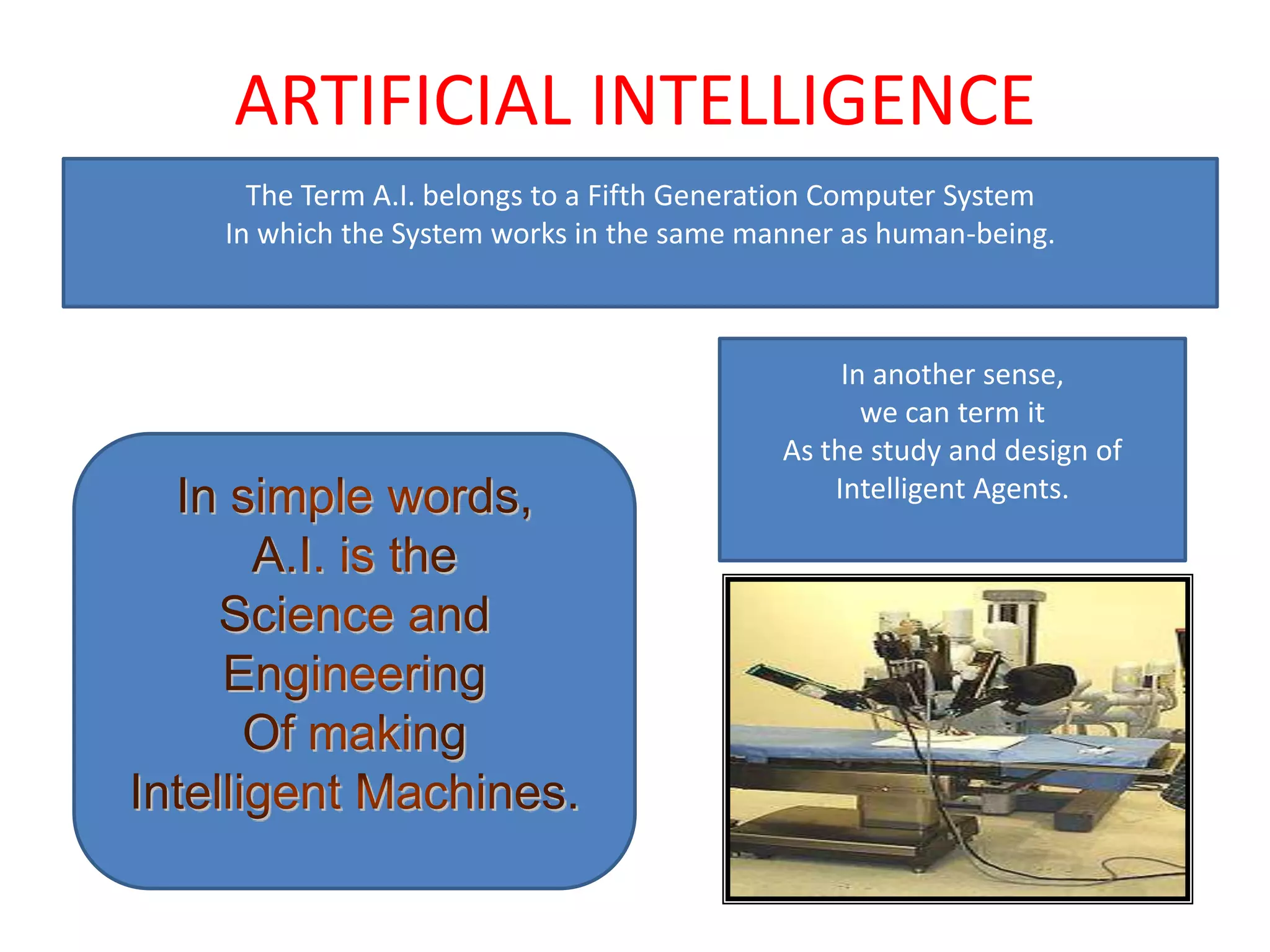 ARTIFICIAL INTELLIGENCE
  The Term A.I. belongs to a Fifth Generation Computer System
In which the System works in the same manner as human-being.



                                             In another sense,
                                               we can term it
                                        As the study and design of
                                            Intelligent Agents.
 