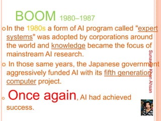 BOOM 1980–1987
 Inthe 1980s a form of AI program called "expert
 systems" was adopted by corporations around
 the world and knowledge became the focus of




                                             Sunawar Khan Ahsan
 mainstream AI research.
 In those same years, the Japanese government
 aggressively funded AI with its fifth generation
 computer project.

   Once again, AI had achieved
    success.
 
