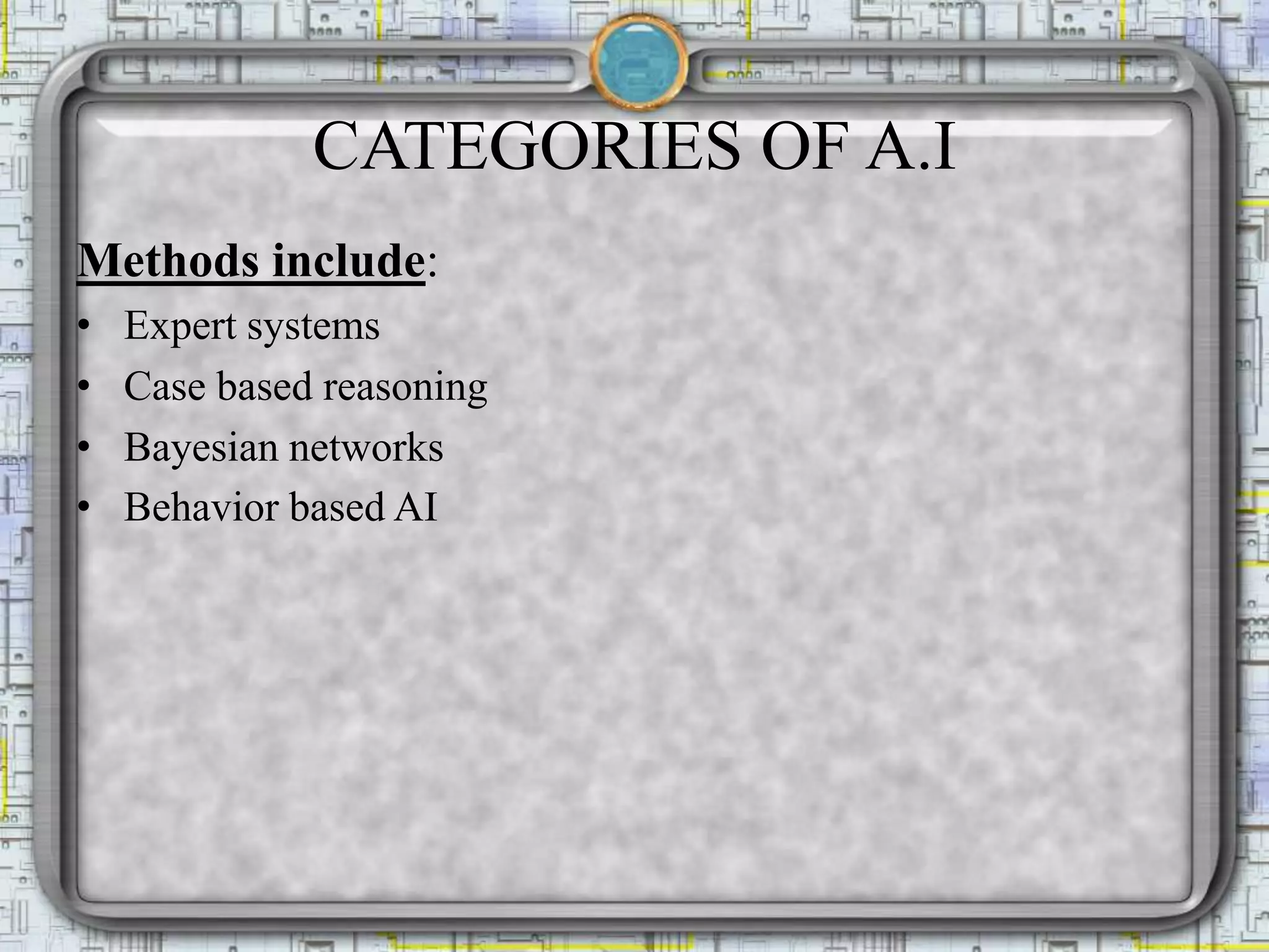 CATEGORIES OF A.I
Methods include:
• Expert systems
• Case based reasoning
• Bayesian networks
• Behavior based AI
 