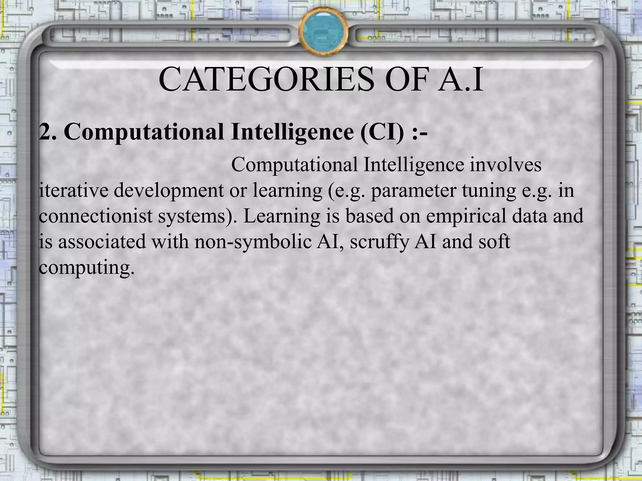 CATEGORIES OF A.I
2. Computational Intelligence (CI) :-
Computational Intelligence involves
iterative development or learning (e.g. parameter tuning e.g. in
connectionist systems). Learning is based on empirical data and
is associated with non-symbolic AI, scruffy AI and soft
computing.
 