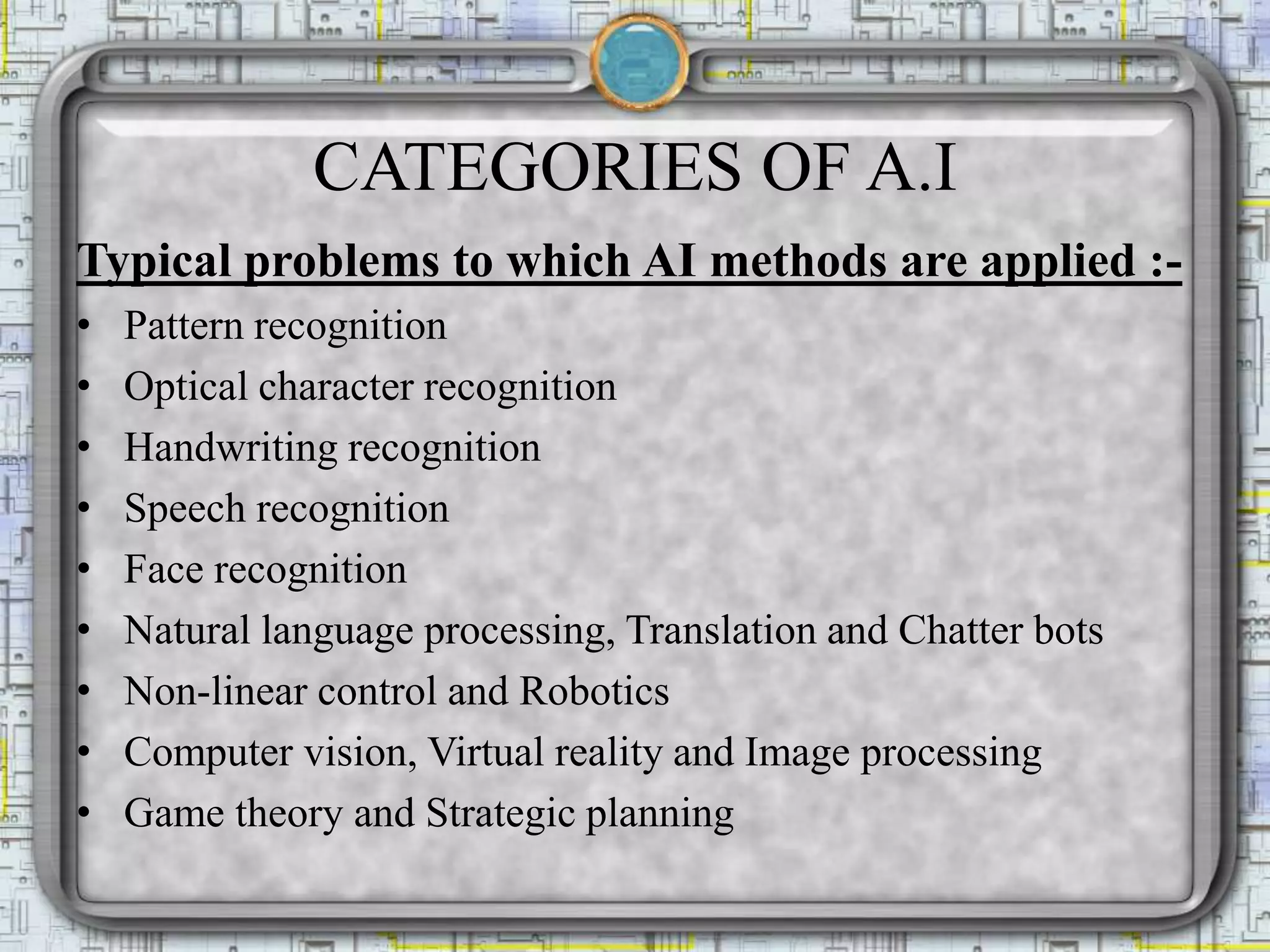 CATEGORIES OF A.I
Typical problems to which AI methods are applied :-
• Pattern recognition
• Optical character recognition
• Handwriting recognition
• Speech recognition
• Face recognition
• Natural language processing, Translation and Chatter bots
• Non-linear control and Robotics
• Computer vision, Virtual reality and Image processing
• Game theory and Strategic planning
 