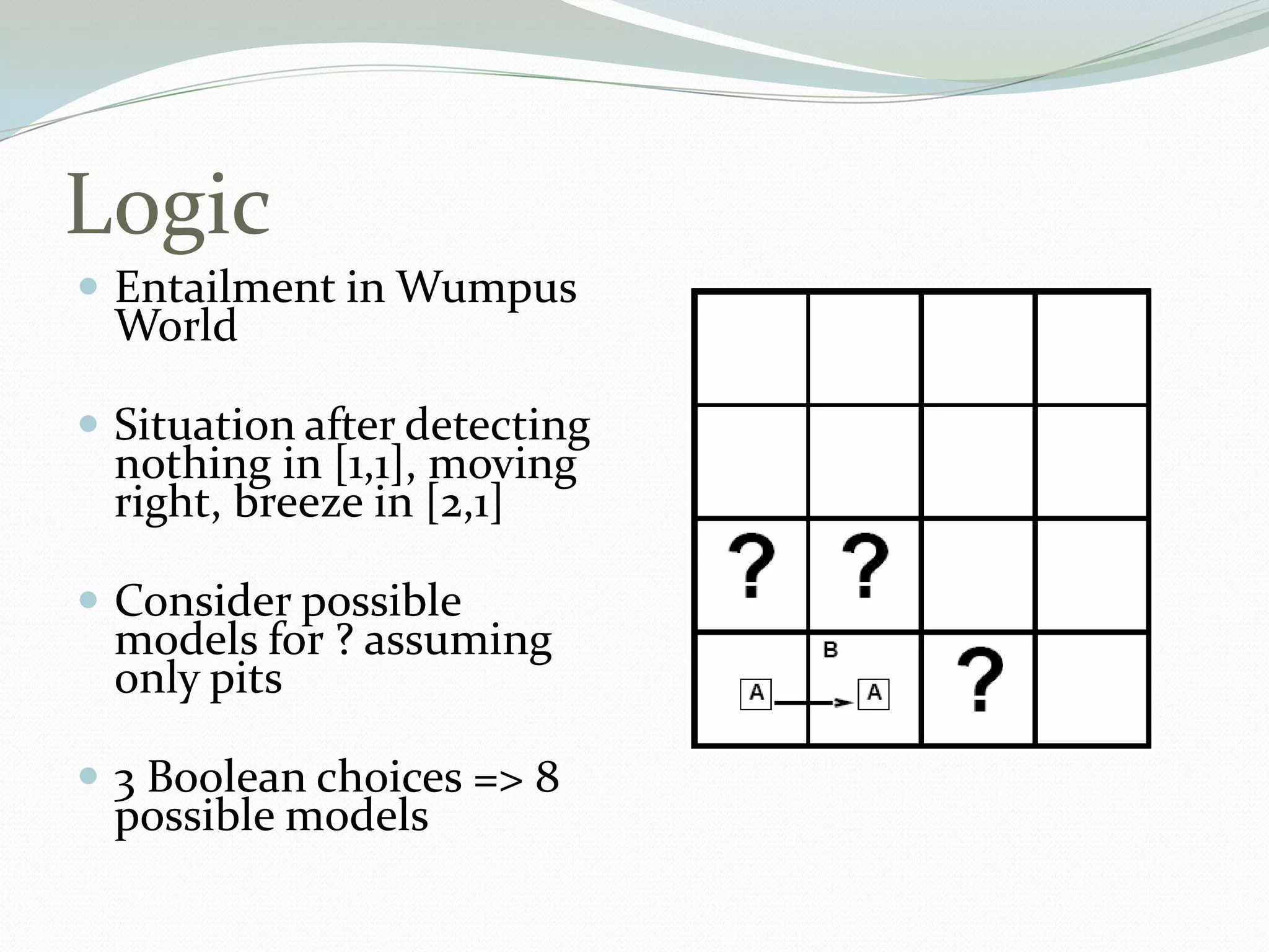 Logic
 Entailment in Wumpus
World
 Situation after detecting
nothing in [1,1], moving
right, breeze in [2,1]
 Consider possible
models for ? assuming
only pits
 3 Boolean choices => 8
possible models
 