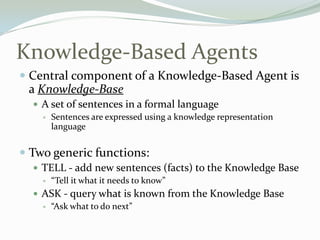 Knowledge-Based Agents
 Central component of a Knowledge-Based Agent is
a Knowledge-Base
 A set of sentences in a formal language
 Sentences are expressed using a knowledge representation
language
 Two generic functions:
 TELL - add new sentences (facts) to the Knowledge Base
 “Tell it what it needs to know”
 ASK - query what is known from the Knowledge Base
 “Ask what to do next”
 