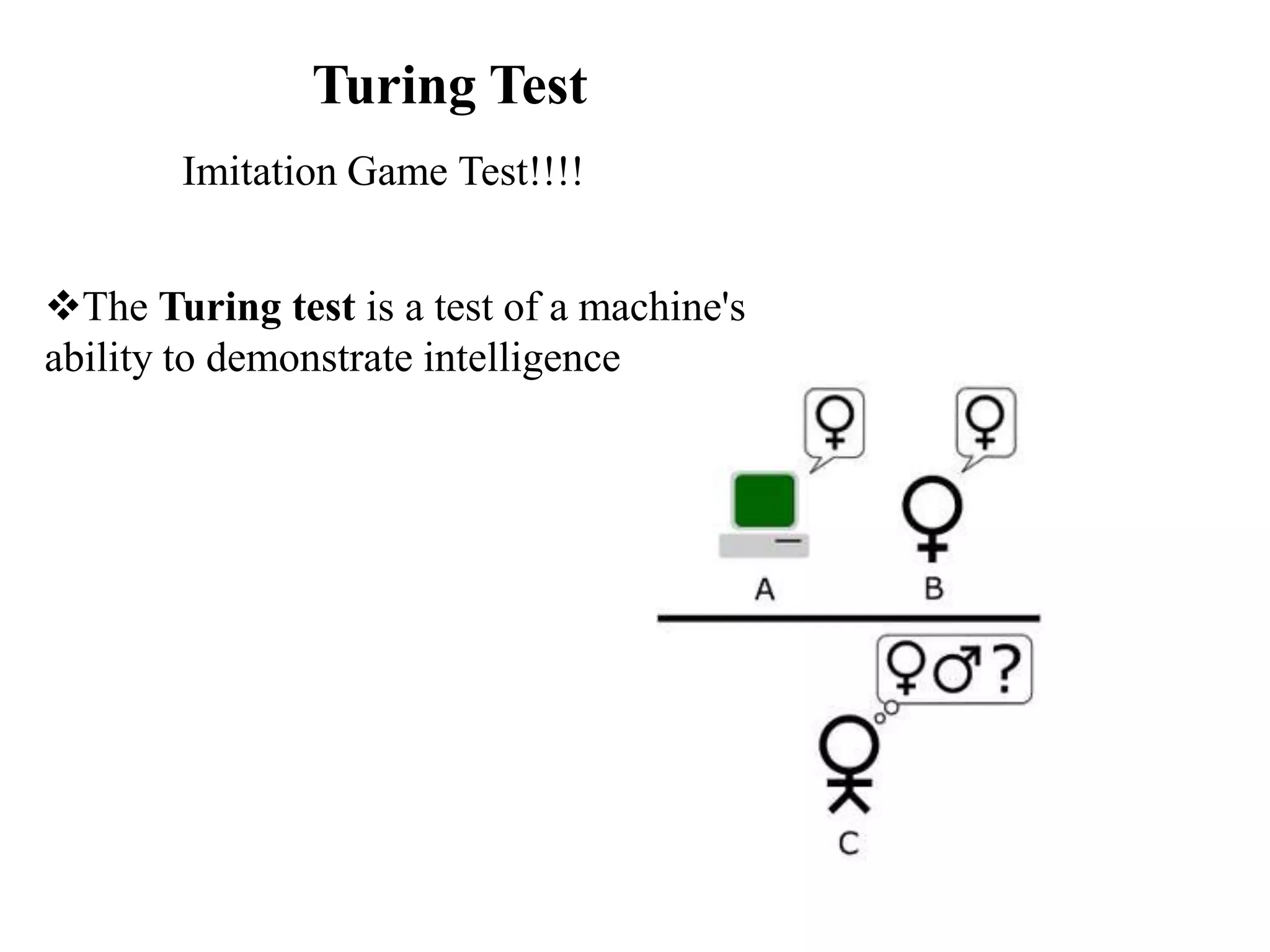 Turing Test
The Turing test is a test of a machine's
ability to demonstrate intelligence
Imitation Game Test!!!!
 