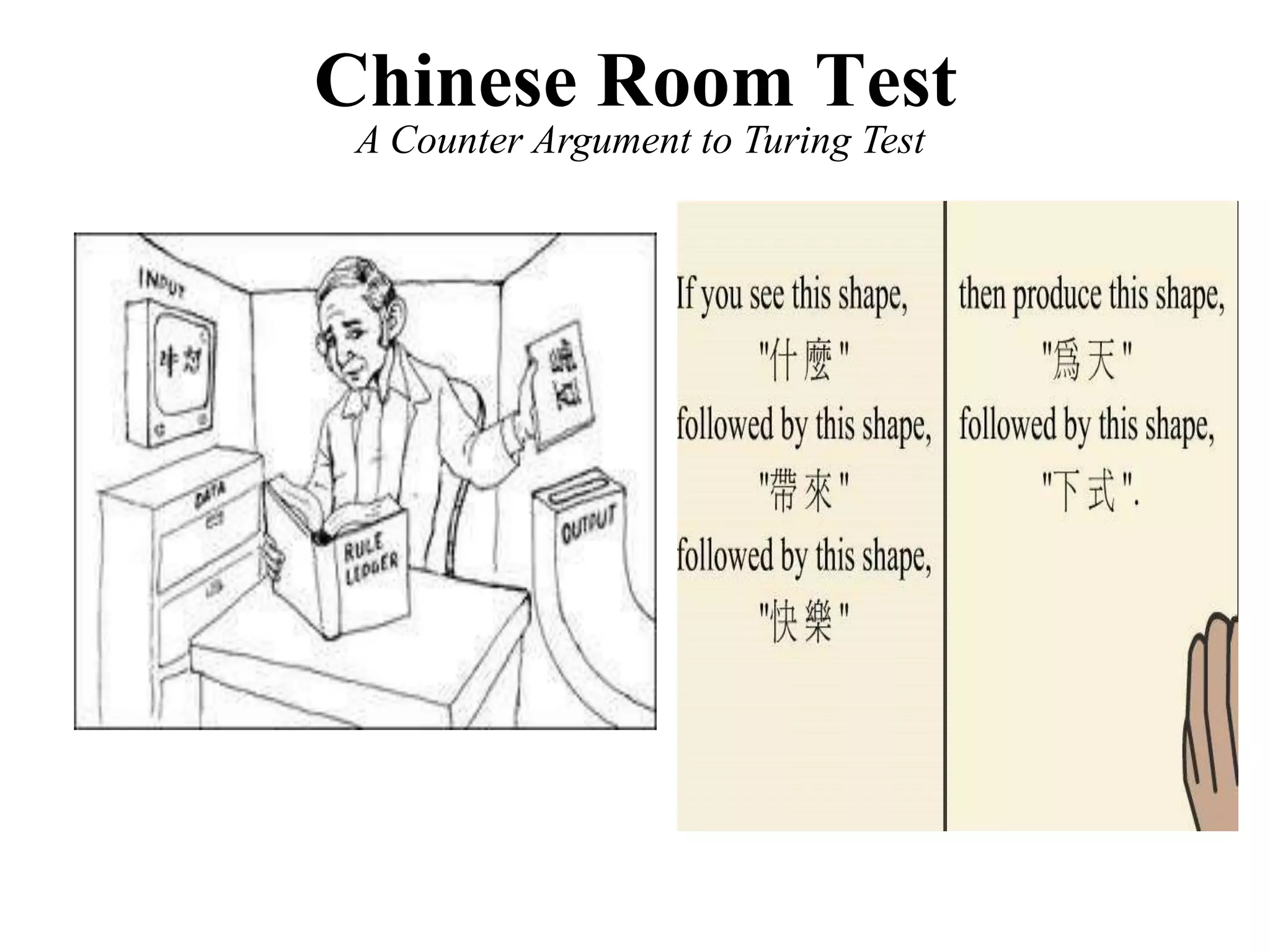 Chinese Room Test
A Counter Argument to Turing Test
 