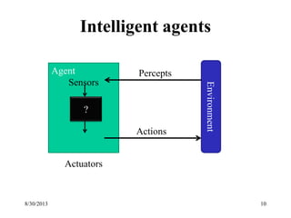 Intelligent agents
8/30/2013 10
Actions
Agent
Sensors
Actuators
?
Environment
Percepts
 