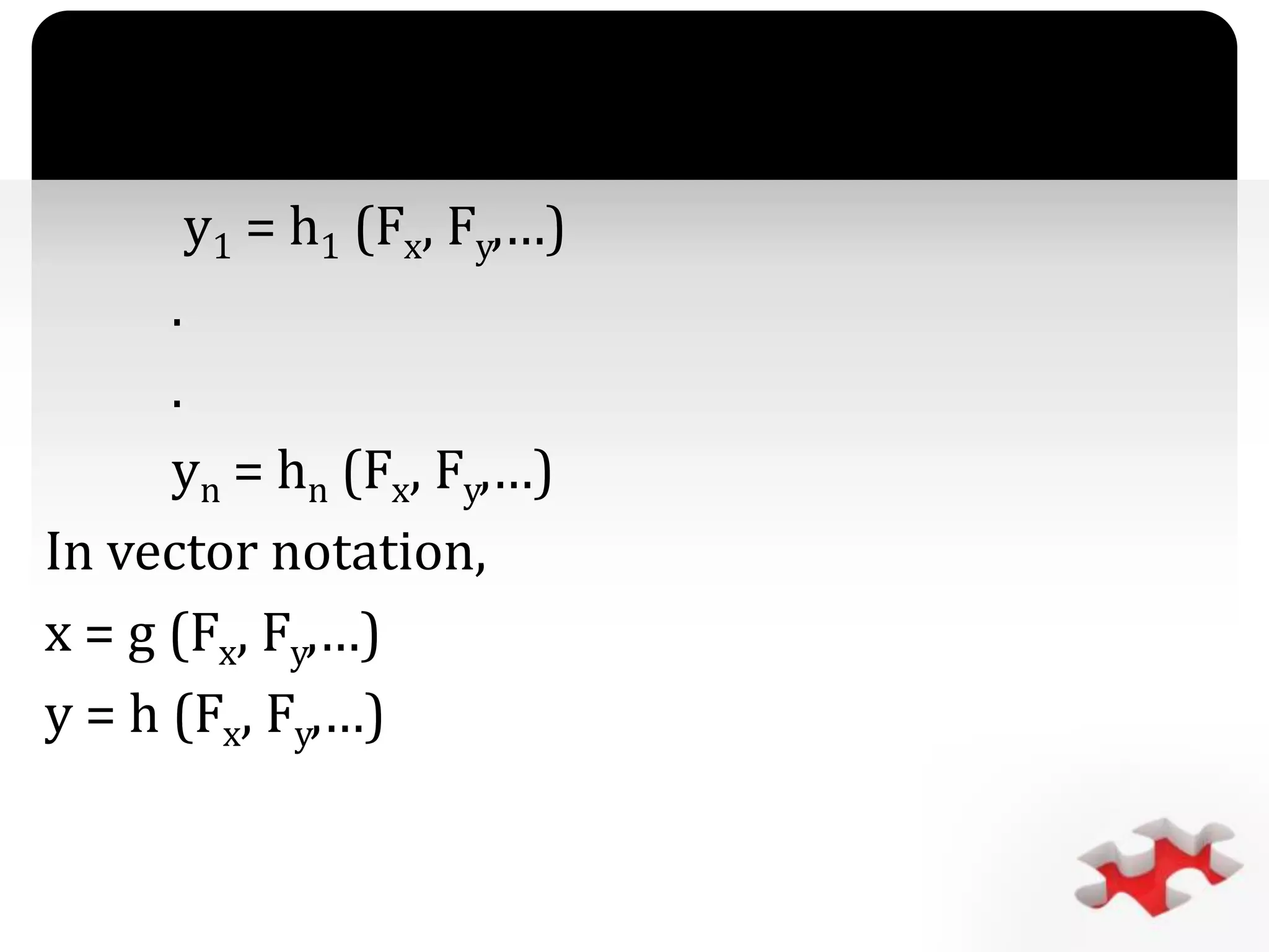 `
y1 = h1 (Fx, Fy,…)
.
.
yn = hn (Fx, Fy,…)
In vector notation,
x = g (Fx, Fy,…)
y = h (Fx, Fy,…)
 
