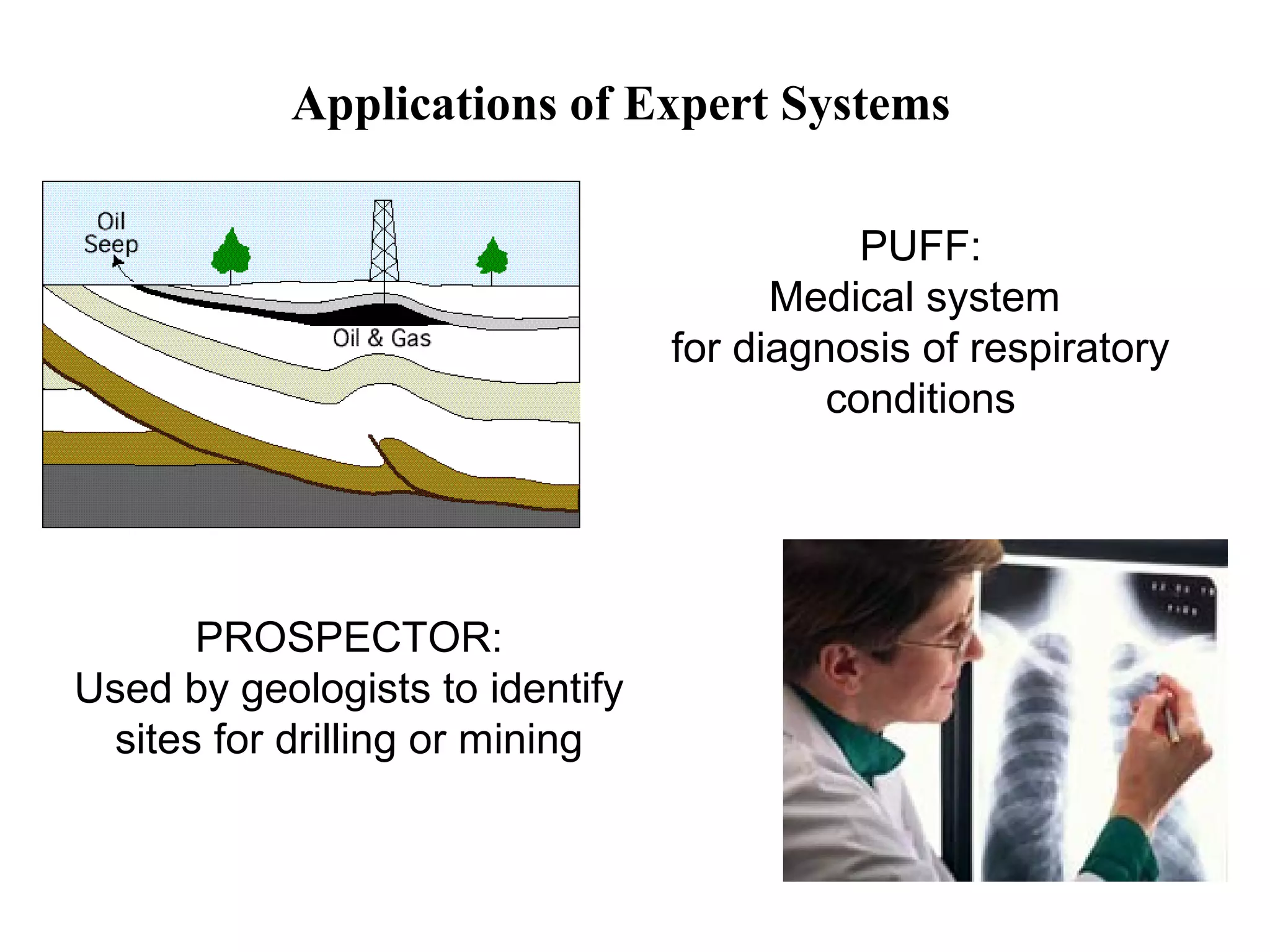 Applications of Expert Systems
PUFF:
Medical system
for diagnosis of respiratory
conditions

PROSPECTOR:
Used by geologists to identify
sites for drilling or mining

 