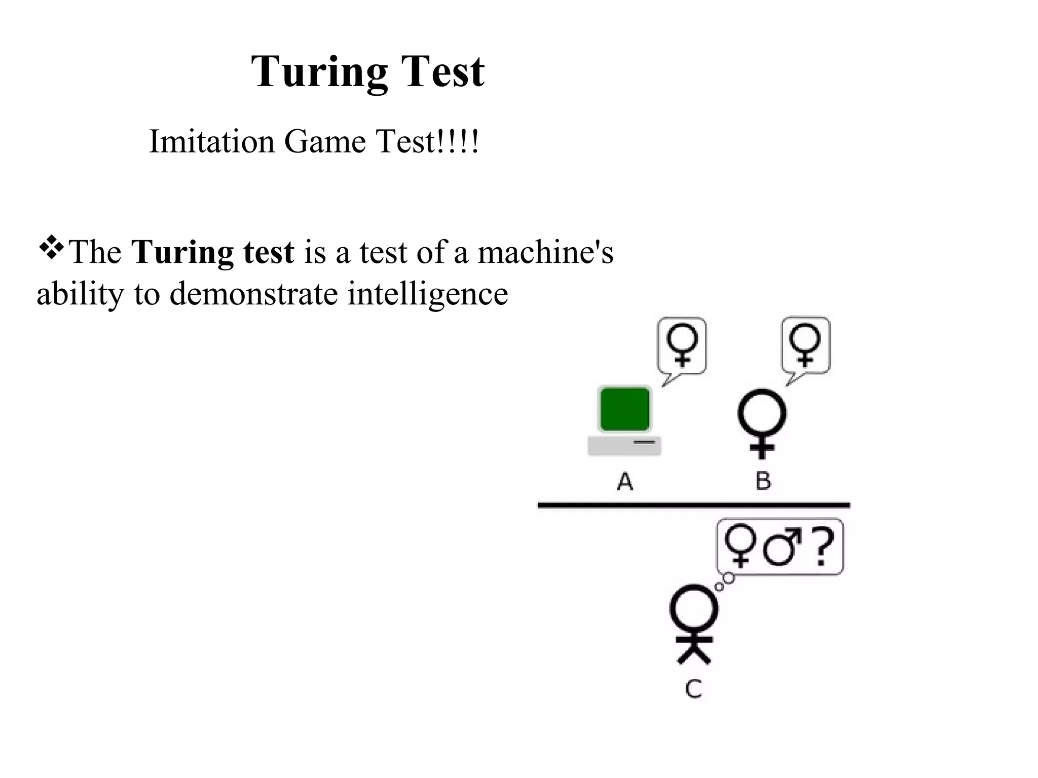 Turing Test
Imitation Game Test!!!!
The Turing test is a test of a machine's
ability to demonstrate intelligence

 
