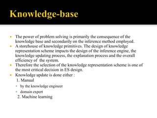 






The power of problem solving is primarily the consequence of the
knowledge base and secondarily on the inference method employed.
A storehouse of knowledge primitives. The design of knowledge
representation scheme impacts the design of the inference engine, the
knowledge updating process, the explanation process and the overall
efficiency of the system.
Therefore the selection of the knowledge representation scheme is one of
the most critical decision in ES design.
Knowledge update is done either :
1. Manual
 by the knowledge engineer
 domain expert

2. Machine learning

 