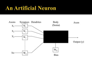 Axons

Synapses Dendrites

X1

W1

X2

W3

Axon

W2

X3

Body
(Soma)

f
Output (y)
W0

Xn

Wn

Bias

 