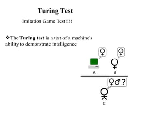 Turing Test 
Imitation Game Test!!!! 
The Turing test is a test of a machine's 
ability to demonstrate intelligence 
 