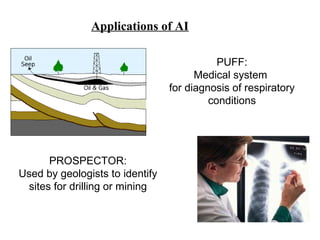 Applications of AI 
PROSPECTOR: 
Used by geologists to identify 
sites for drilling or mining 
PUFF: 
Medical system 
for diagnosis of respiratory 
conditions 
 