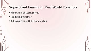 Supervised Learning: Real World Example
• Prediction of stock prices
• Predicting weather
• All examples with historical data
 