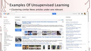 Examples Of Unsupervised Learning
• Clustering similar News articles under one relevant
headline.(https://news.google.co.in)
 